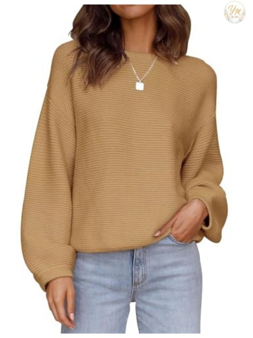 Womens Long Sleeve Knit Pullover Sweater Boat Neck Drop Shoulder Lantern Sleeve